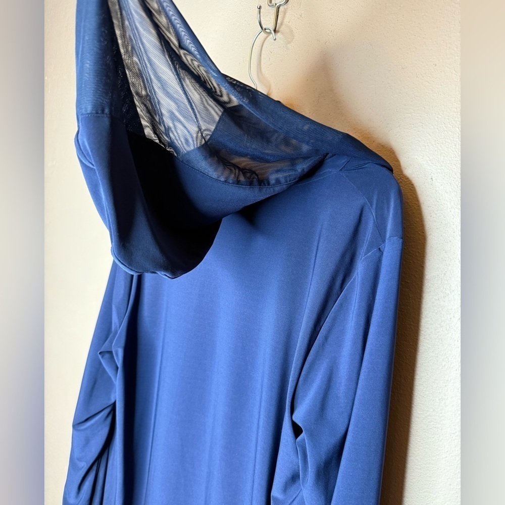 By JJ Navy Blue Duster Hooded Cardigan Size Large Flowy Pockets Long Sleeves - Picture 13 of 15
